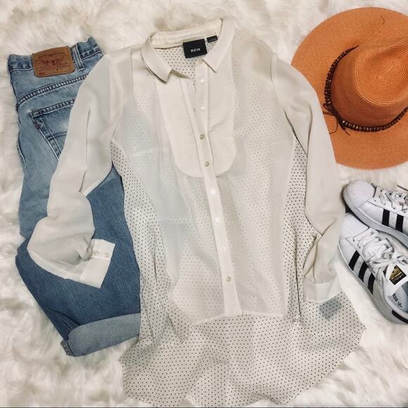 ANTHROPOLOGIE MAEVE White Black Polka Dot Long Sleeve Pleated Blouse Shirt Top 4 - Picture 5 of 7